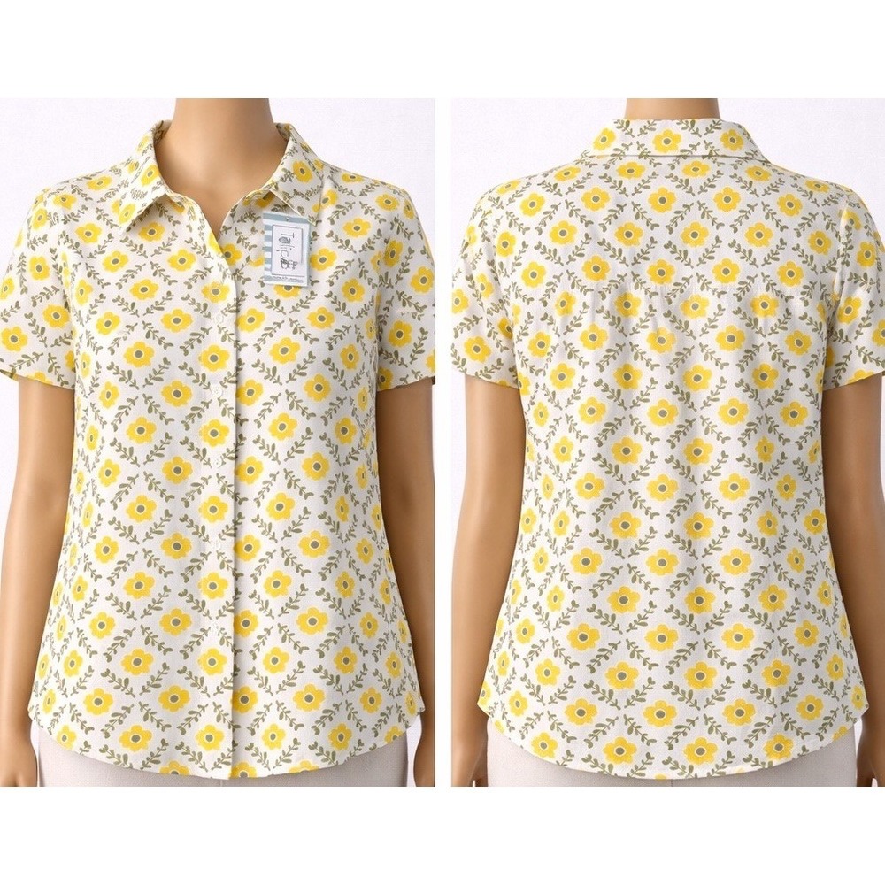 Tulip B Womens Small Yellow Floral‎ Button Down Shirt Short Sleeve Collared Top